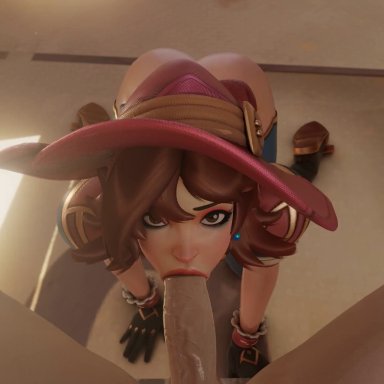 blizzard entertainment, overwatch, overwatch 2, kiriko (overwatch), witch kiriko (overwatch), kassioppiava, x3d, asian, asian female, blowjob, brown eyes, brown hair, clothed, clothed female nude male, clothed sex