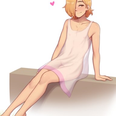 caleb (dross), dross, 1boy, boy, cute, dress, feet, femboy, girly, looking at viewer, male focus, male only, penis, simple background, small penis