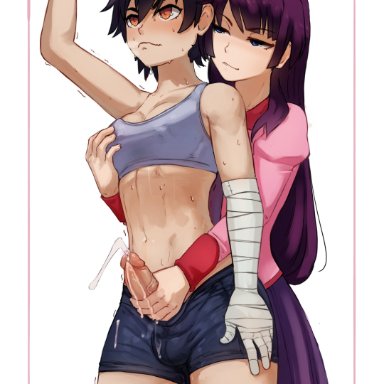 monogatari (series), kanbaru suruga, senjougahara hitagi, seraziel, 1futa, 1girls, arm up, balls, bandaged arm, bandages, black hair, black shorts, black thighhighs, blue eyes, breast grab