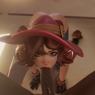 blizzard entertainment, overwatch, overwatch 2, kiriko (overwatch), witch kiriko (overwatch), kassioppiava, x3d, asian, asian female, blowjob, brown eyes, brown hair, clothed, clothed female nude male, clothed sex