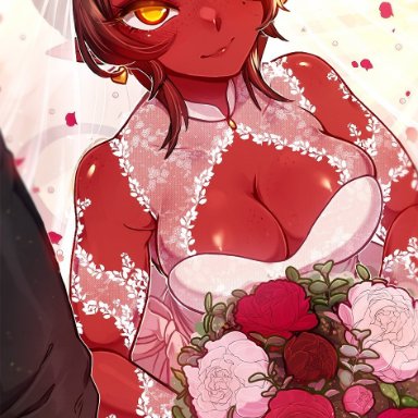 original, meru (merunyaa), merunyaa, 1girls, big breasts, blush, bouquet, breasts, bridal gauntlets, bride, bride veil, brown hair, cleavage, demon, demon girl