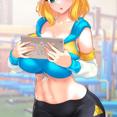 nintendo, tears of the kingdom, the legend of zelda, princess zelda, zelda (breath of the wild), nez-box, 1girls, blonde hair, blue hoodie, breasts, cropped hoodie, detached sleeves, green eyes, gym, gym clothes