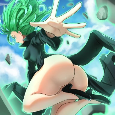 one-punch man, tatsumaki, sol-sama d2, 1girls, ass, big ass, bottomless, female, female only, green eyes, green hair, huge ass, short hair, solo, telekinesis