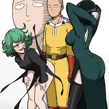 one-punch man, fubuki (one-punch man), saitama, tatsumaki, mark gavatino, 1boy, 2girls, ass, big breasts, bottomless, breasts, fully clothed, funny, gloves, green eyes