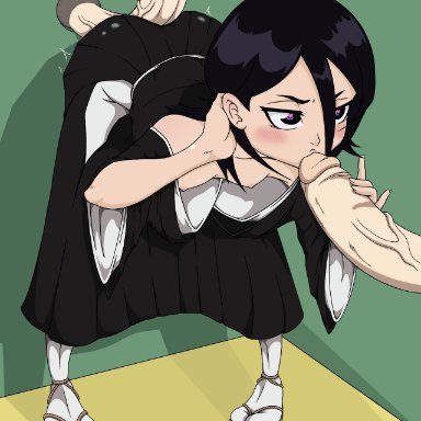 bleach, kuchiki rukia, xhan-art, 1girls, 2boys, adjusting hair, bent over, bent penis, big eyes, black hair, blush, buttjob, down blouse, faceless male, fellatio