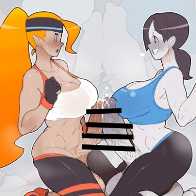 ring fit adventure, wii fit, ring fit trainee, wii fit trainer, ic546656326, sarikyou, silkyman, 2futas, balls, big breasts, black hair, breasts, clothed, clothing, cum