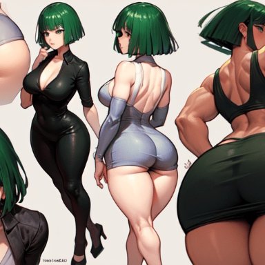 one-punch man, fubuki (one-punch man), big ass, big breasts, big nipples, giant breasts, green eyes, green hair, hips, massive breasts, thick hips, tight clothing, ai generated