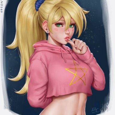 yu-gi-oh!, yu-gi-oh! duel monsters, dark magician girl, sciamano240, alternate costume, arm behind back, bangs, blonde hair, blue background, blush stickers, candy, casual, crop top, cropped hoodie, cropped torso