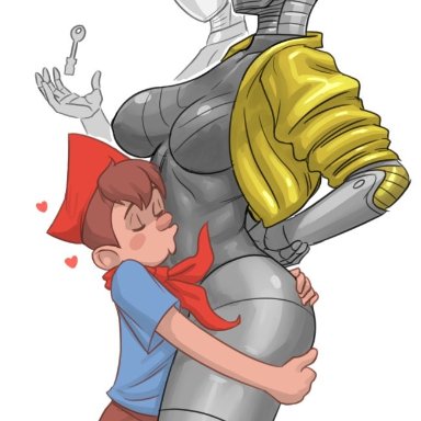 atomic heart, left (atomic heart), pioneer boy, right (atomic heart), the twins (atomic heart), flick, 1boy, 2girls, ass grab, breasts, brown hair, female, grey body, heart, height difference