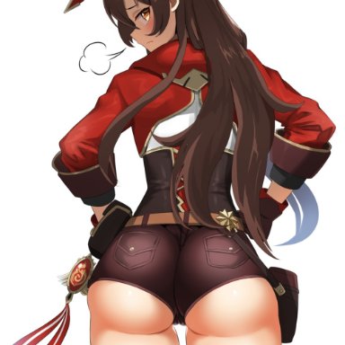 genshin impact, amber (genshin impact), yuzu kiro, 1girls, annoyed, ass, ass focus, booty shorts, female, from behind, looking at viewer, sigh, solo, standing, thick thighs
