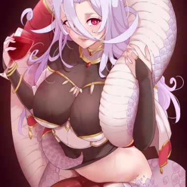 monster musume no oisha-san, saphentite neikes, todding, 1futa, alcohol, big breasts, big penis, blush, bottomless, breasts, bridal gauntlets, clothed, clothing, cup, drinking glass