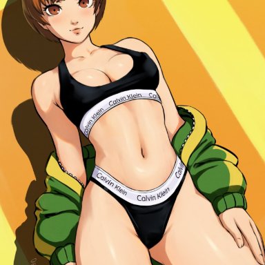 calvin klein, persona, persona 4, satonaka chie, oppaiserothicc, 1girls, athletic female, blush, bowl cut, brown hair, exposed torso, jacket, navel, solo female, sports