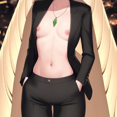 nintendo, pokemon, pokemon sm, lusamine (pokemon), nai diffusion, stable diffusion, 1girls, athletic female, black jacket, blonde hair, blush, breasts out, city background, exposed breasts, exposed nipples
