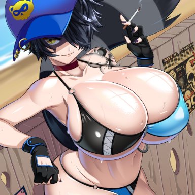 snuffy, snuffy (vtuber), stevechopz, 1girls, against fence, against wall, aluminum can, animal ears, animal tail, bakunyuu, baseball cap, beach, beer, beer can, bikini