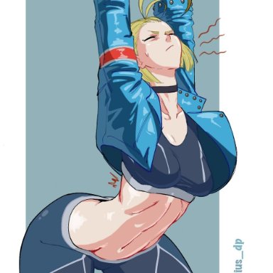 street fighter, cammy white, octavius dp, 1girls, arms up, blonde hair, breasts, closed eyes, female, female only, midriff, solo, stretching, thighs, white background