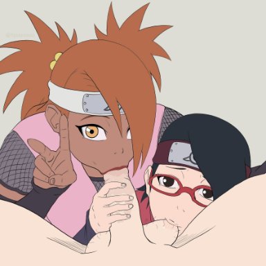 boruto: naruto next generations, naruto, naruto (series), akimichi chouchou, sarada uchiha, maaji merge, 1boy, 2girls, :&gt;=, between legs, black eyes, black hair, clothing, collaborative fellatio, dark-skinned female