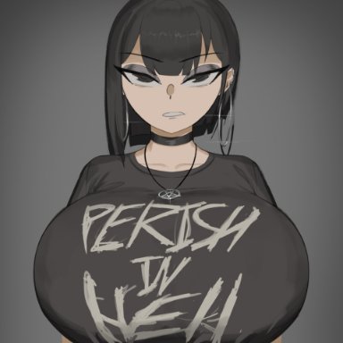 original, goth (booruguru), original character, booruguru, 1girls, big breasts, big titty goth, black background, black clothes, black clothing, black eyes, black hair, black pupils, breasts, clothed