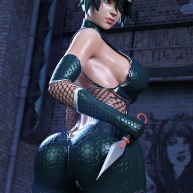 overwatch, overwatch 2, kiriko (overwatch), kiriko kamori, hagiwara studio, ass, big ass, big breasts, dark green hair, face tattoo, female, green hair, jumpsuit, taimanin suit, thick ass