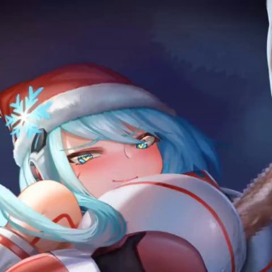 ico (mega man), hoqn1108, 1girls, 2boys, blue eyes, blue hair, breast grab, chrismas hat, cowgirl position, cum insde, dark-skinned male, dark skin, female, large breasts, light-skinned female