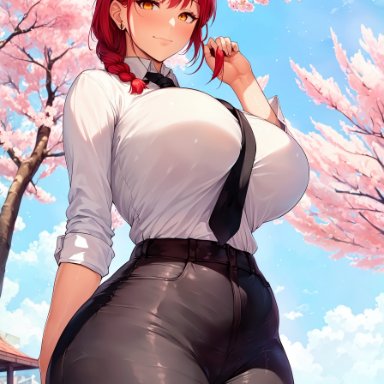 chainsaw man, makima (chainsaw man), stable diffusion, 1girls, braided hair, breasts, female, hips, huge breasts, light-skinned female, light skin, long hair, looking at viewer, red hair, smile