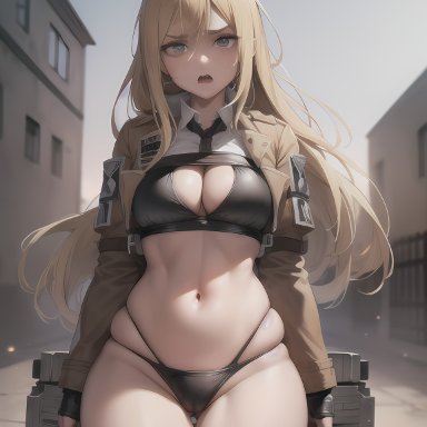 attack on titan, historia reiss, stable diffusion, 1girls, bikini, bikini uniform, black bikini, blonde hair, blue eyes, curvy, female, female only, jacket, long hair, medium breasts