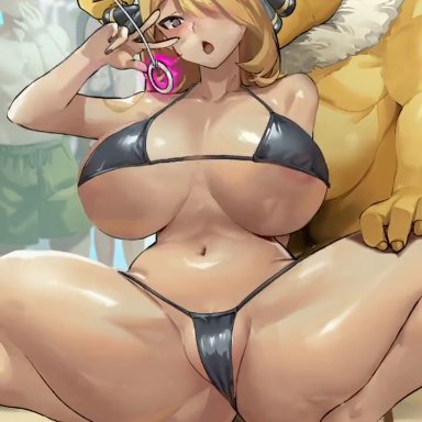 nintendo, pokemon, pokemon dppt, cynthia (pokemon), hypno, tamada heijun, 1boy, 1girls, 1pokemon, bikini, black bikini, blonde hair, bouncing breasts, breasts, female