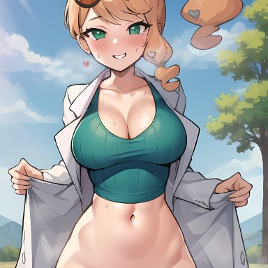 pokemon, pokemon ss, sonia (pokemon), stable diffusion, blush, bottomless, cleavage, crop top, eyebrows visible through hair, female, female focus, female only, heart, labcot, large breasts