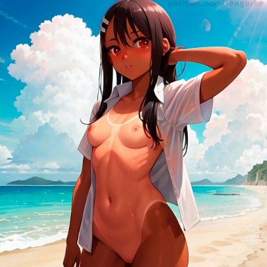 please don't bully me, nagatoro, anime, hayase nagatoro, 1girls, beach, belly button, black hair, breasts, brown eyes, fangs, female, female focus, female only, nude female, sangushe