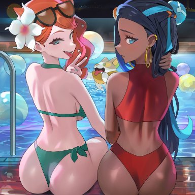 nintendo, pokemon, pokemon ss, nessa (pokemon), sonia (pokemon), yamper, hood x art, 2girls, aqua eyes, ass, bikini, black hair, blue eyes, brown skin, bubble butt