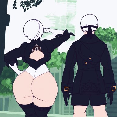 nier: automata, yorha 2b, yorha 9s, cdlum, 1boy, 1girls, android, ass, big ass, blindfold, breasts, bubble butt, chopping, clothing, dat ass