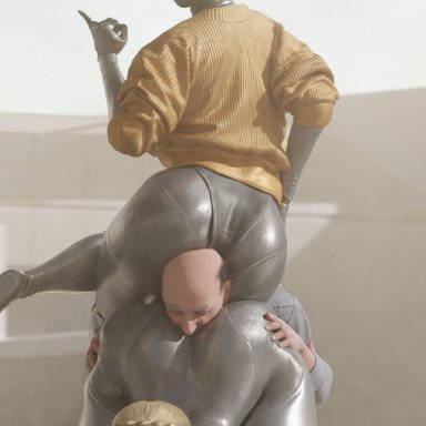 atomic heart, left (atomic heart), right (atomic heart), pyro enthusiast, 1boy, 2girls, ass, ass grab, ass sandwich, big ass, big breasts, domination, facesitting, facesitting sandwich, femdom