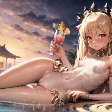 fate/grand order, fate (series), ereshkigal (fate), nai diffusion, stable diffusion, 1girls, blonde hair, drink, earrings, glass, hair ribbon, jewelry, looking at viewer, lying, ribbon