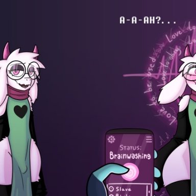 deltarune, undertale, kris (deltarune), mantra, ralsei, freemindstuff, alternate costume, app, bare shoulders, before and after, blue skin, blush, brainwashing, bulge, cellphone