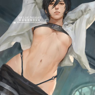 attack on titan, mikasa ackerman, neight, asian, asian female, black hair, curves, hands behind head, medium breasts, pants, shirt, shirt open, short hair, tank top, tank top lift