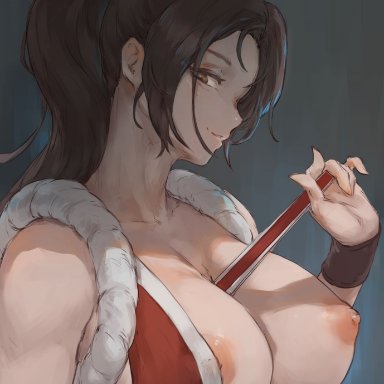 king of fighters, the king of fighters, mai shiranui, tezy8art, 1girls, barely clothed, big breasts, breasts, breasts out, breasts out of clothes, breasts outside, brown eyes, brown hair, female, female focus