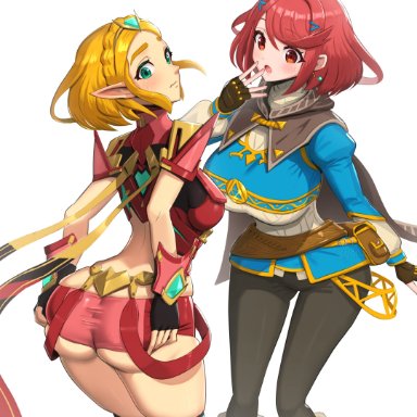 nintendo, tears of the kingdom, the legend of zelda, xenoblade (series), xenoblade chronicles 2, princess zelda, princess zelda (cosplay), pyra, pyra (cosplay), zelda (breath of the wild), gonzarez, 2girls, ass, bangs, blonde hair