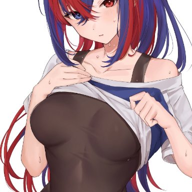 fire emblem, fire emblem engage, alear (female) (fire emblem), alear (fire emblem), haru (nakajou-28), bangs, black undershirt, blue eyes, blue hair, braid, breasts, breasts apart, clothes lift, collarbone, covered navel