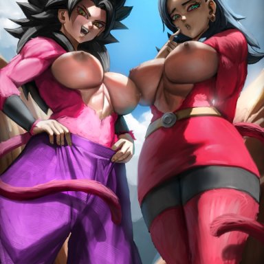 dragon ball, dragon ball super, caulifla, kale, elitenappa, 2girls, big breasts, black hair, blush, breasts, busty, ear piercing, earrings, embarrassed, female