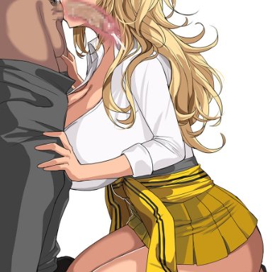 goddess of victory: nikke, rupee (nikke), drogod (artist), 1boy, animal print, black choker, blonde hair, blush, breasts, choker, cleavage, cum, fellatio, female, from side