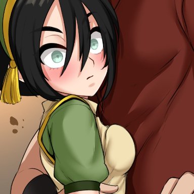 avatar the last airbender, toph bei fong, tabletknight, 1boy, 1girls, arm around waist, asian female, bangs, black hair, blush, breast press, breasts on chest, chestnut mouth, cute, female focus