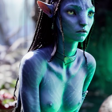 avatar, avatar: the way of water, james cameron's avatar, na'vi, neytiri, 1girls, alien, alien/human, alien girl, athletic female, black hair, blue skin, braided hair, breasts, curious