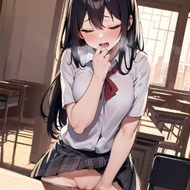 original, nai diffusion, stable diffusion, 1girls, blush, classroom, closed eyes, female, female only, heavy breathing, masturbation, no panties, open mouth, rubbing pussy, school uniform