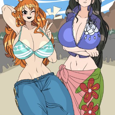 one piece, nami, nico robin, captain kirb, 2girls, arms crossed, arms crossed under breasts, big breasts, black hair, breasts, busty, cleavage, clothing, female, female only