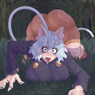 hunter x hunter, neferpitou, fakkufakkufakku, cat ears, cat tail, catgirl, crazy eyes, fully clothed, huge ass, huge breasts, night