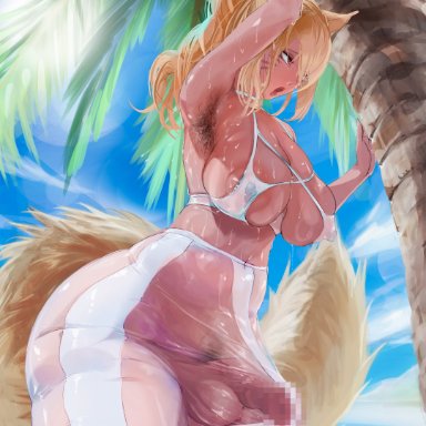 mijeh, 1futa, animal ears, areolae, armpit hair, artificial vagina, ass, ass expansion, balls, balls expansion, beach, big lips, bimbofication, blonde hair, breast expansion