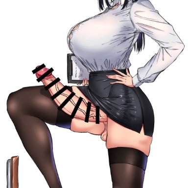 bouhatei (t-back), 1futa, balls, big breasts, big penis, black hair, bottomless, breasts, chair, classroom, clipboard, clothed, clothing, earrings, erection