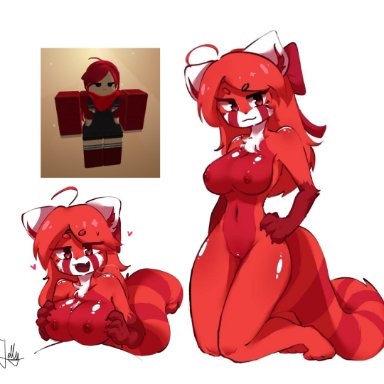 roblox, roblox avatar, jellyoyix, bow, breasts, breasts out, ear, ears up, kneeling, red body, red eyes, red fur, red hair, red panda, red tail