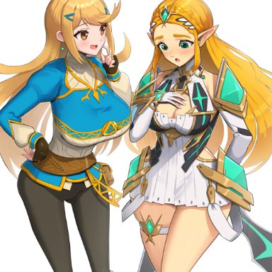 breath of the wild, nintendo, the legend of zelda, xenoblade (series), xenoblade chronicles 2, mythra, mythra (cosplay), princess zelda, princess zelda (cosplay), zelda (breath of the wild), gonzarez, 2girls, blonde hair, blush, breasts