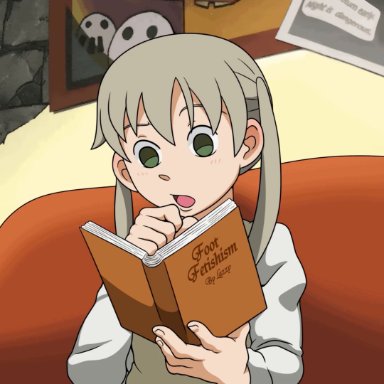 soul eater, maka albarn, soul eater evans, lazerzoid, blonde hair, book, books, feet, foot fetish, foot tease, green eyes, reading, reading book, school uniform, skirt