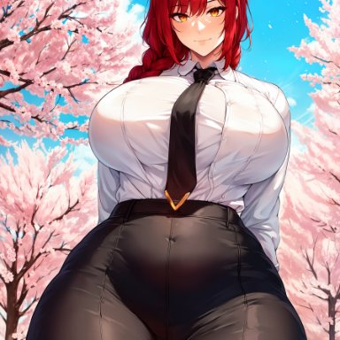 chainsaw man, makima (chainsaw man), stable diffusion, 1girls, braided hair, breasts, female, hips, huge breasts, light-skinned female, light skin, long hair, looking at viewer, red hair, smile